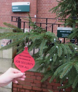 job security Christmas bauble on the Christmas tree outside LUU