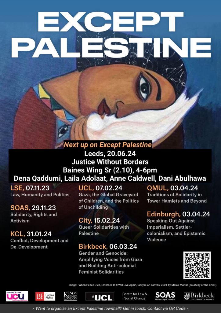 Except Palestine Leeds UCU Poster for Except Palestine event. Image shows stylised painting of woman hugging a white dove to her face. Text is the meeting invitation from the post and the list of other events linked to in the link in the post https://linktr.ee/exceptpalestine?utm_source=linktree_admin_share